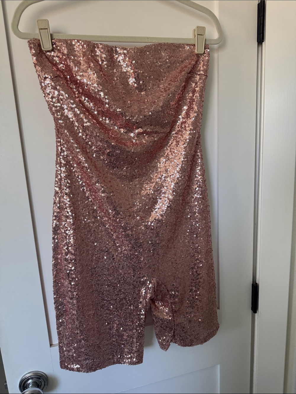 Fashion Nova Rose Gold Sequin Strapless Birthday Bash Shorts-Romper (lined)